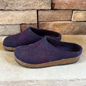 Haflinger sz 8 (39) purple wool floral embroidered slip on mules